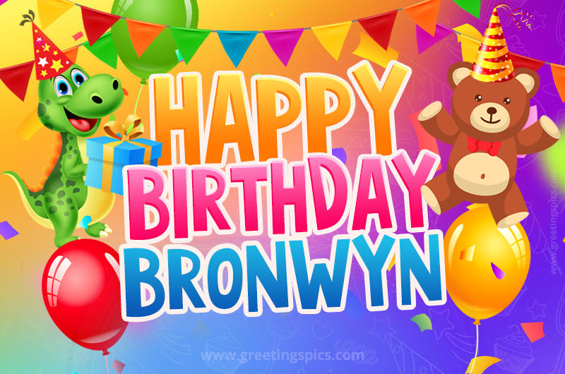 Happy Birthday Bronwyn Image for a child with cute dinosaur and bear