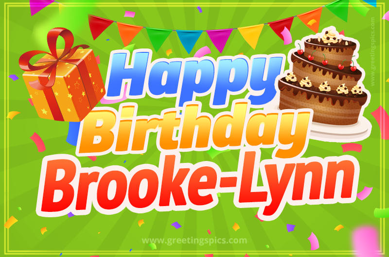 Happy Birthday Brooke-Lynn picture with flags, chocolate cake and gift box