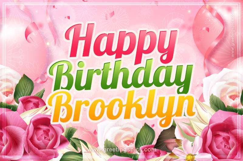 Image with gentle pink background and flowers Happy Birthday Brooklyn