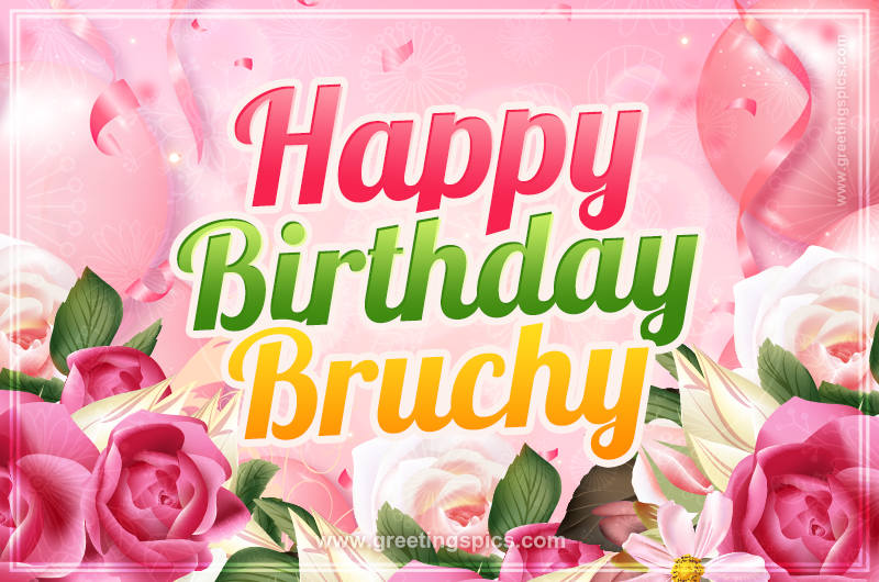 Image with gentle pink background and flowers Happy Birthday Bruchy