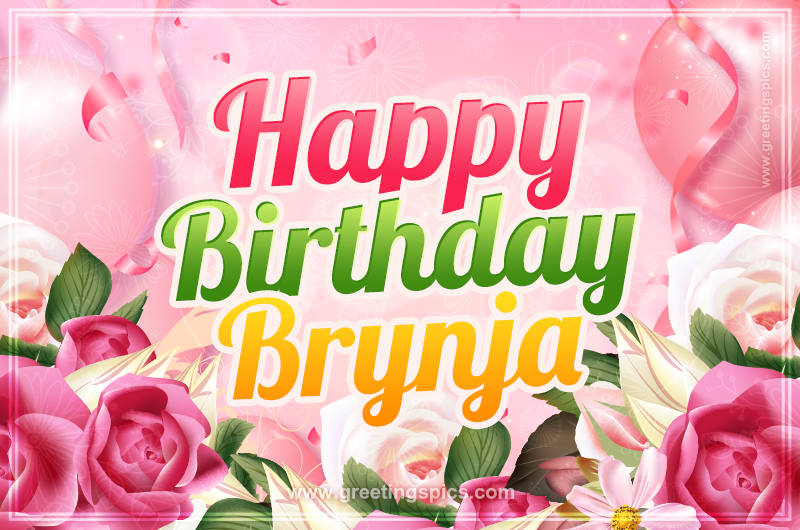 Image with gentle pink background and flowers Happy Birthday Brynja