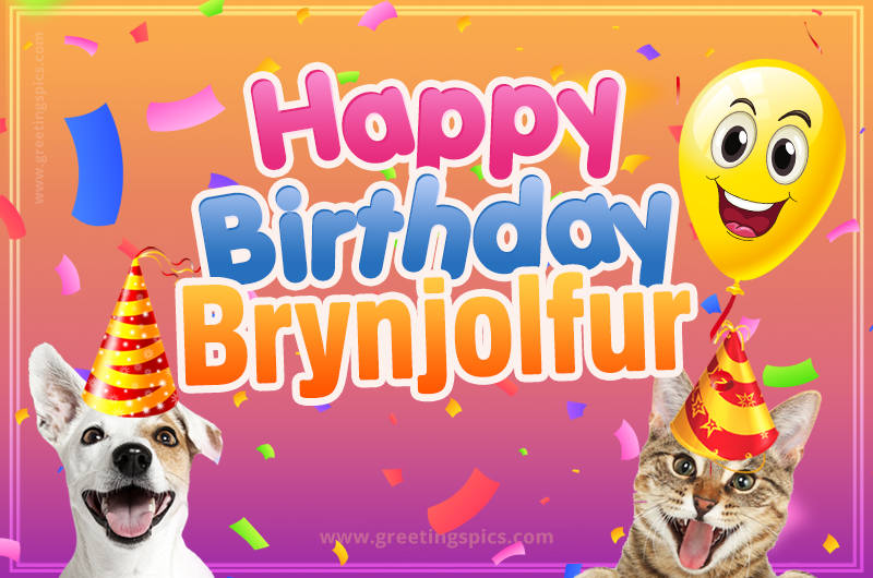 Happy Birthday Brynjolfur Funny Image with cat and dog