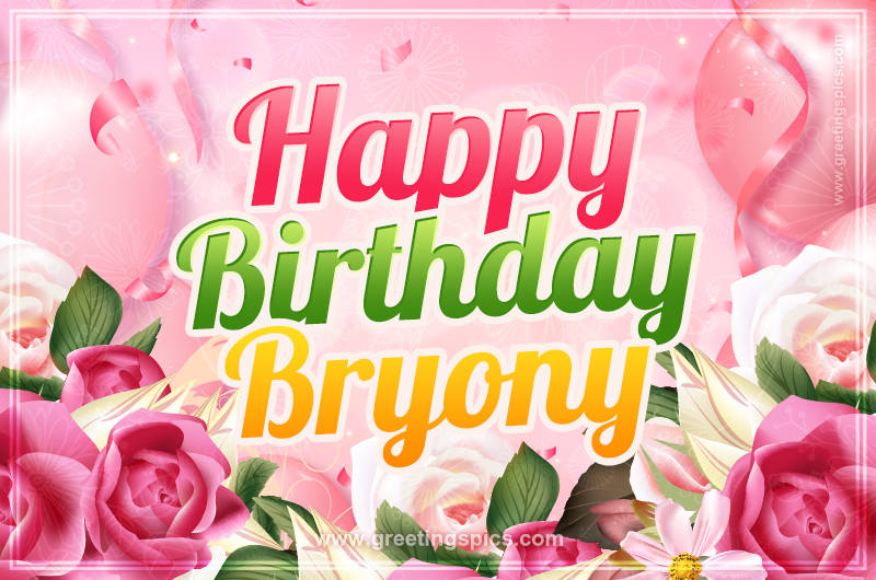 Image with gentle pink background and flowers Happy Birthday Bryony