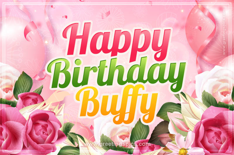 Image with gentle pink background and flowers Happy Birthday Buffy