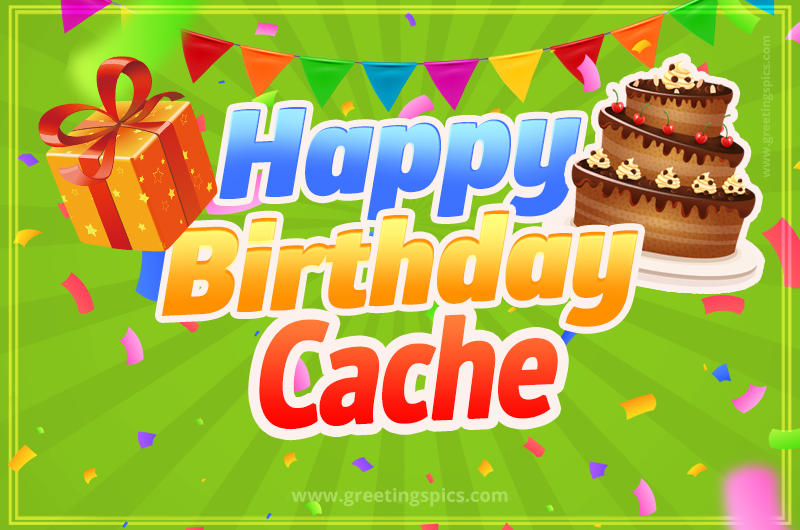 Happy Birthday Cache picture with flags, chocolate cake and gift box