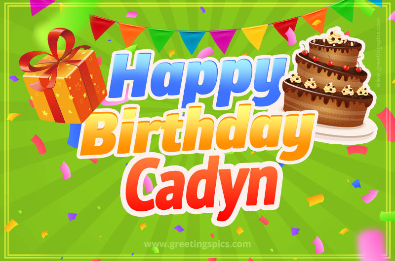 Happy Birthday Cadyn picture with flags, chocolate cake and gift box