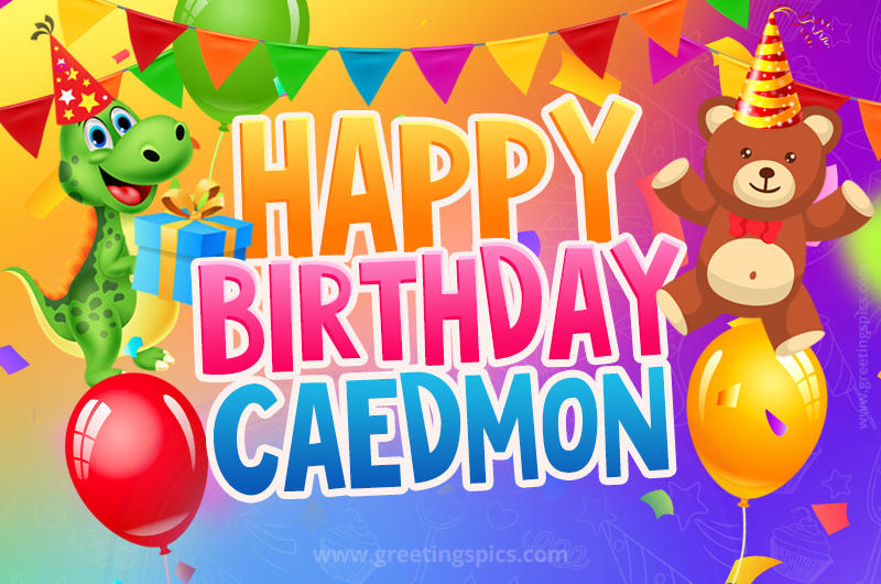 Happy Birthday Caedmon Image for a child with cute baby dinosaur and bear