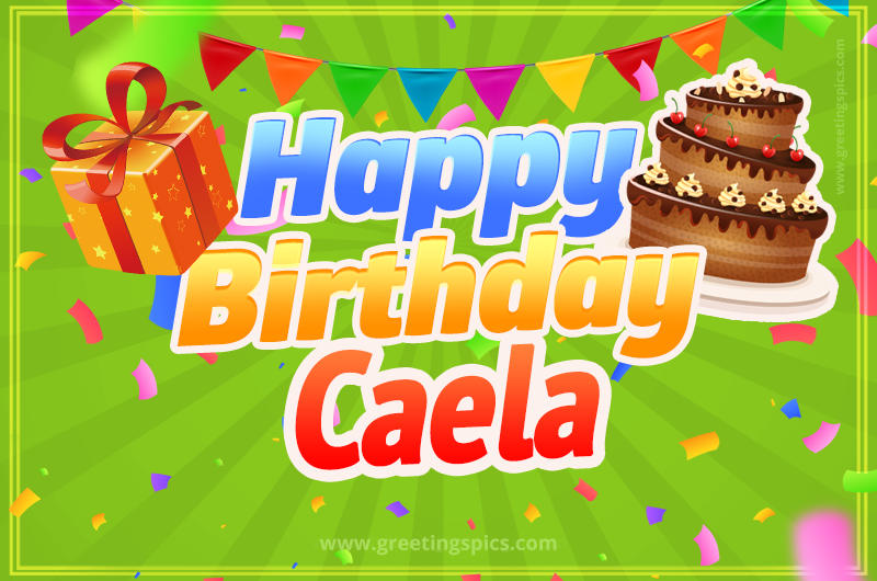 Happy Birthday Caela picture with flags, chocolate cake and gift box