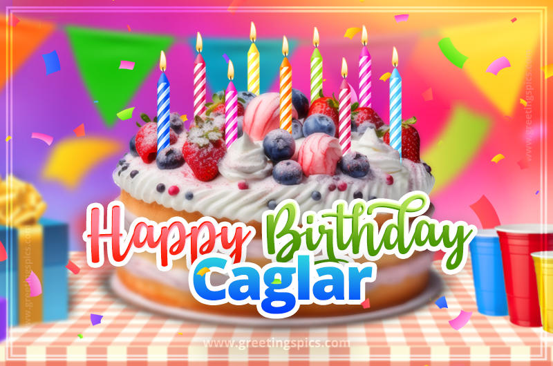 Happy Birthday Caglar Colorful Image with fruit cake and candles