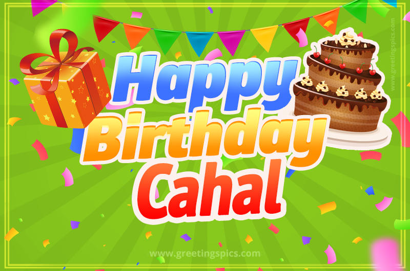 Happy Birthday Cahal picture with flags, chocolate cake and gift box