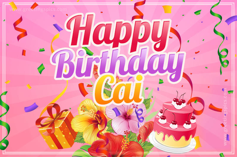 Beautiful Birthday Card for Cai with Cake and bouquet of flowers