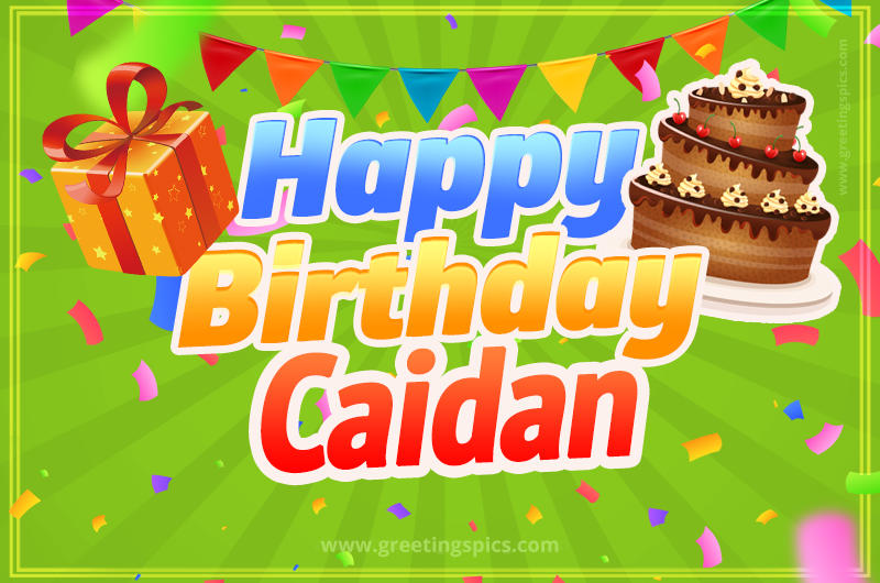 Happy Birthday Caidan picture with flags, chocolate cake and gift box