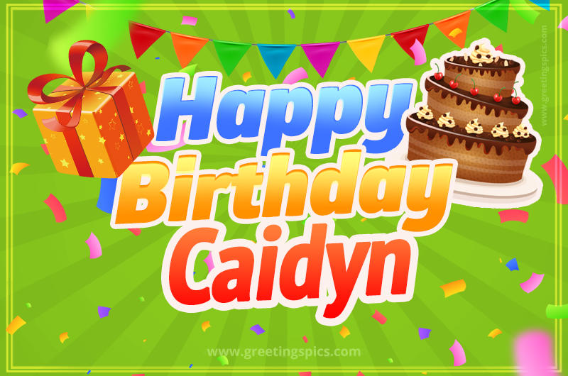 Happy Birthday Caidyn picture with flags, chocolate cake and gift box