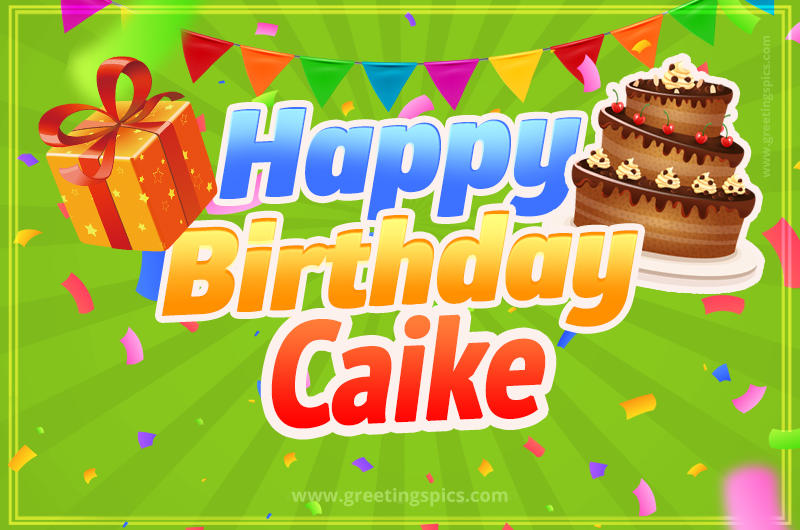 Happy Birthday Caike picture with flags, chocolate cake and gift box