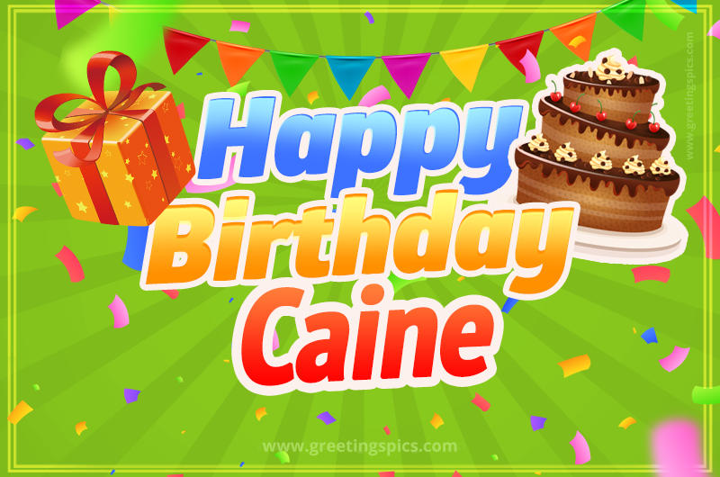 Happy Birthday Caine picture with flags, chocolate cake and gift box