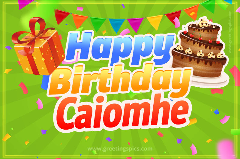 Happy Birthday Caiomhe picture with flags, chocolate cake and gift box