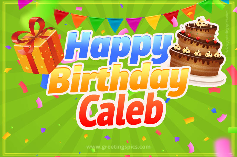 Happy Birthday Caleb picture with flags, chocolate cake and gift box