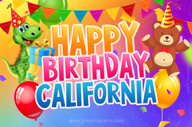 Happy Birthday California Image for a child with cute dinosaur and bear