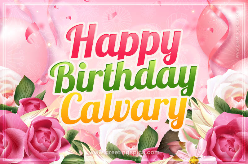 Image with gentle pink background and flowers Happy Birthday Calvary