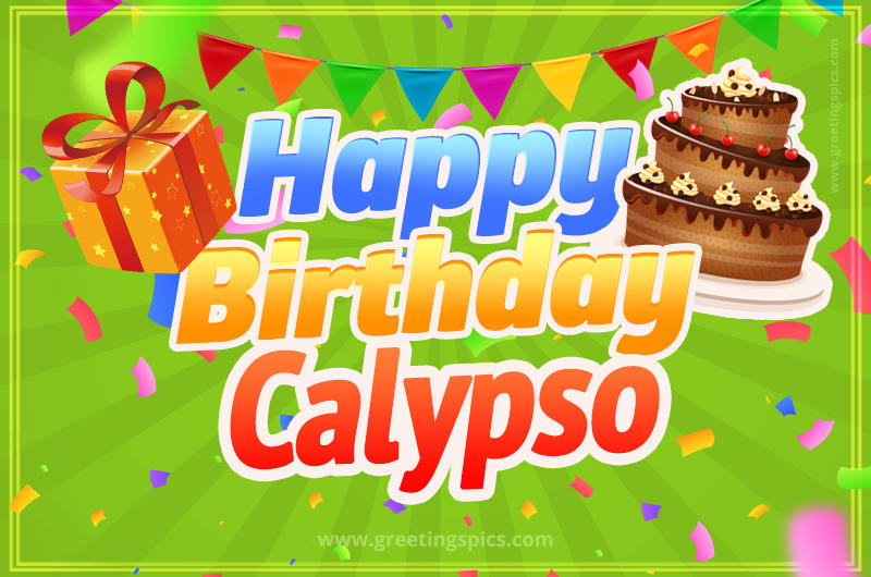 Happy Birthday Calypso picture with flags, chocolate cake and gift box