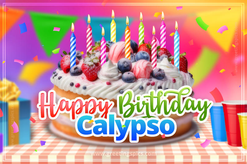 Happy Birthday Calypso Colorful Image with fruit cake and candles