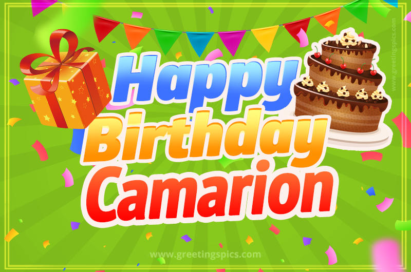 Happy Birthday Camarion picture with flags, chocolate cake and gift box