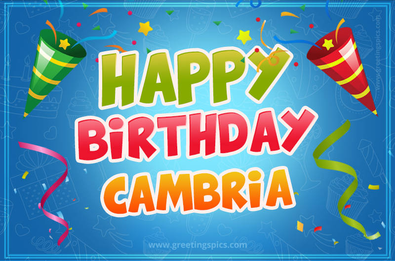 Happy Birthday Cambria picture with confetti and party poppers