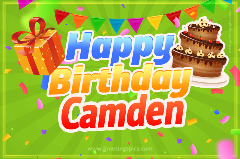 Happy Birthday Camden picture with flags, chocolate cake and gift box