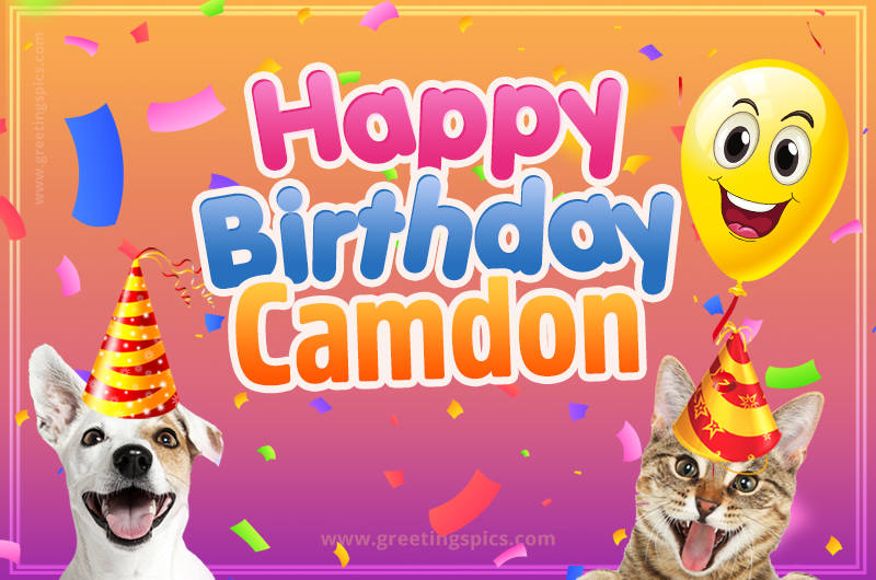 Happy Birthday Camdon Funny Image with cat and dog