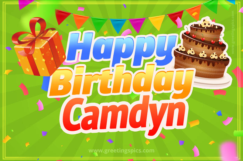 Happy Birthday Camdyn picture with flags, chocolate cake and gift box