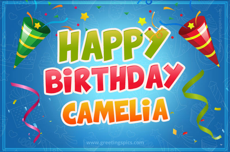 Happy Birthday Camelia picture with confetti and party poppers