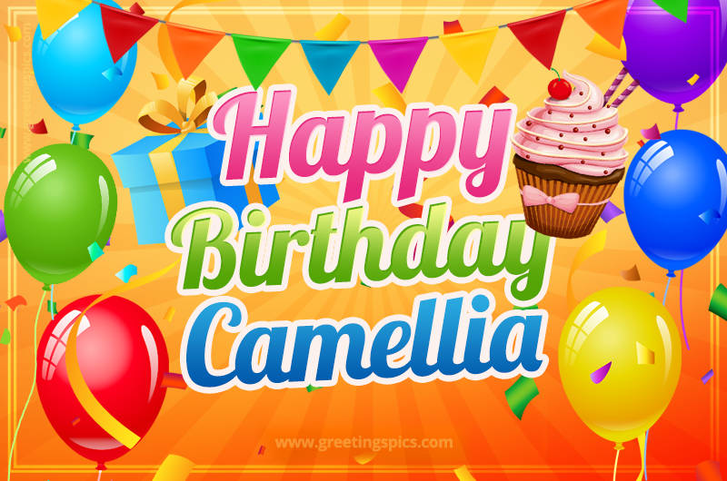 Happy Birthday Camellia eCard with gift box and cupcake