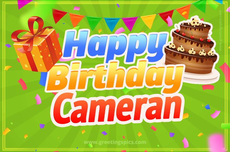 Happy Birthday Cameran picture with flags, chocolate cake and gift box