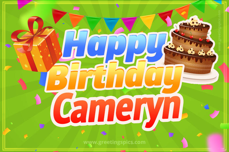 Happy Birthday Cameryn picture with flags, chocolate cake and gift box