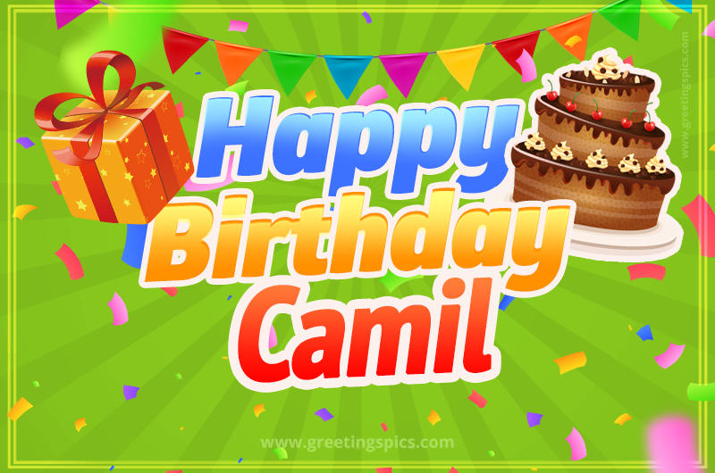 Happy Birthday Camil picture with flags, chocolate cake and gift box