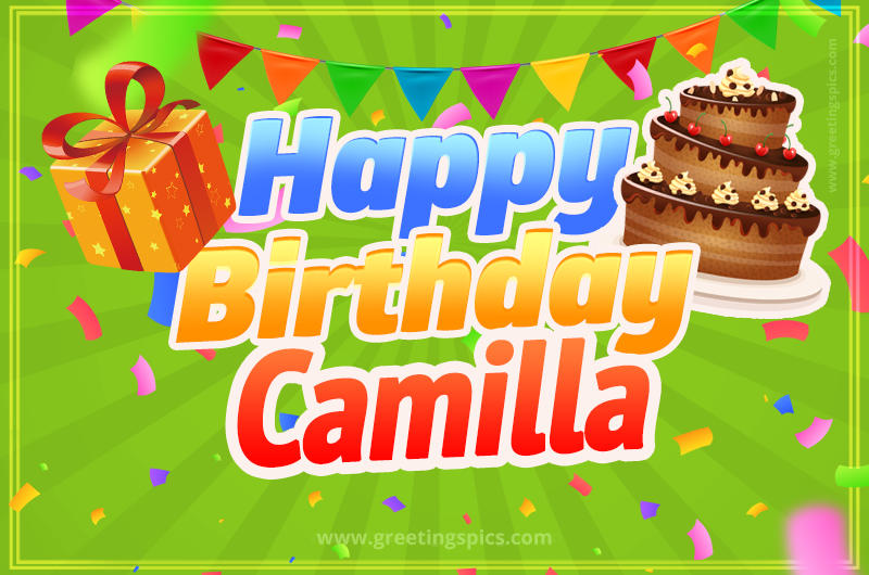 Happy Birthday Camilla picture with flags, chocolate cake and gift box