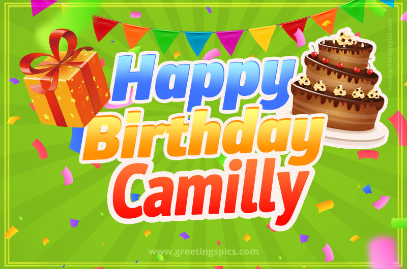 Happy Birthday Camilly picture with flags, chocolate cake and gift box