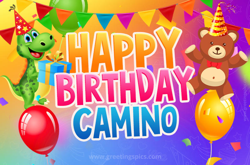 Happy Birthday Camino Image for a child with cute dinosaur and bear