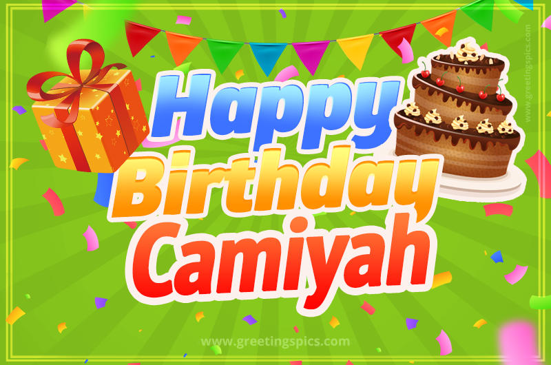 Happy Birthday Camiyah picture with flags, chocolate cake and gift box