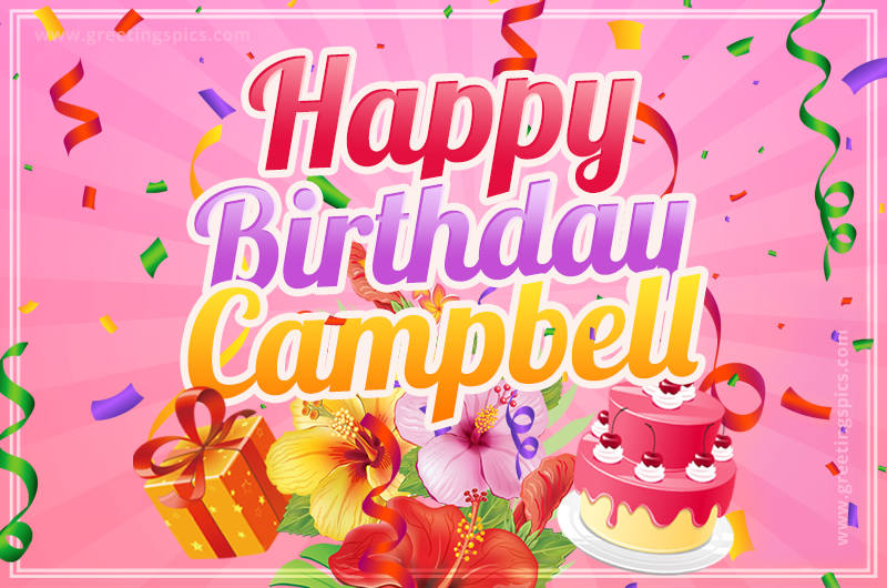 Beautiful Birthday Card for Campbell with Cake and bouquet of flowers