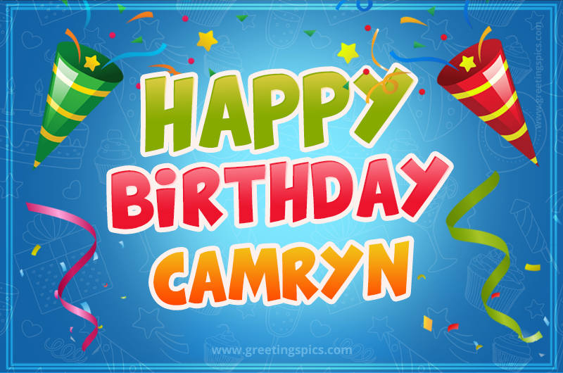 Happy Birthday Camryn picture with confetti and party poppers