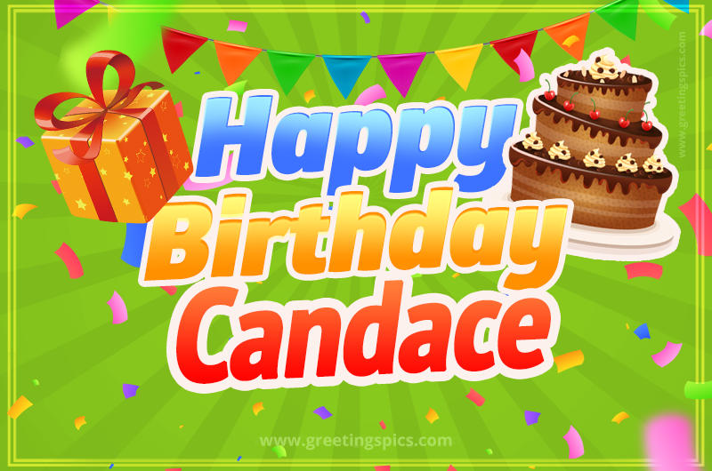 Happy Birthday Candace picture with flags, chocolate cake and gift box