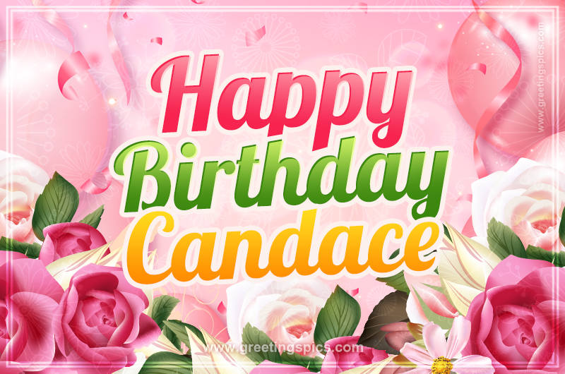 Image with gentle pink background and flowers Happy Birthday Candace