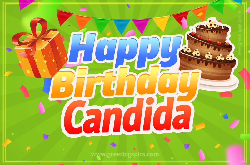 Happy Birthday Candida picture with flags, chocolate cake and gift box