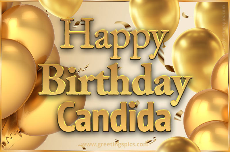 Happy Birthday Candida Card with golden confetti and balloons