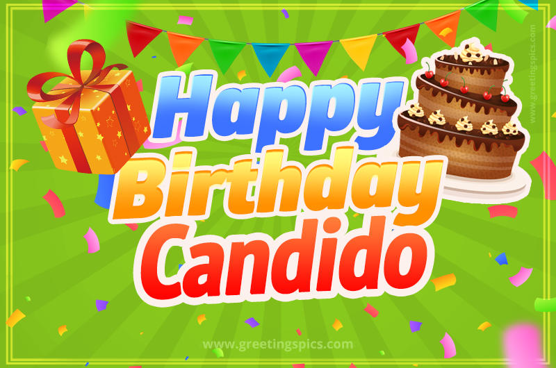 Happy Birthday Candido picture with flags, chocolate cake and gift box