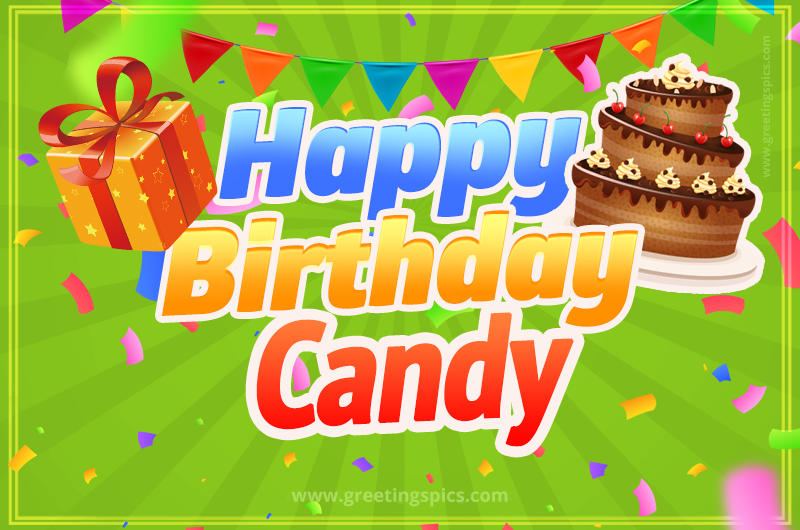 Happy Birthday Candy picture with flags, chocolate cake and gift box