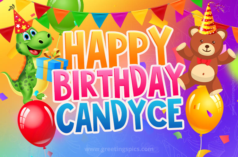 Happy Birthday Candyce Image for a child with cute dinosaur and bear