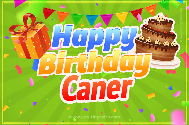 Happy Birthday Caner picture with flags, chocolate cake and gift box