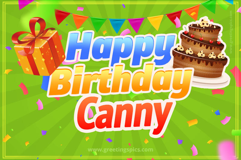 Happy Birthday Canny picture with flags, chocolate cake and gift box